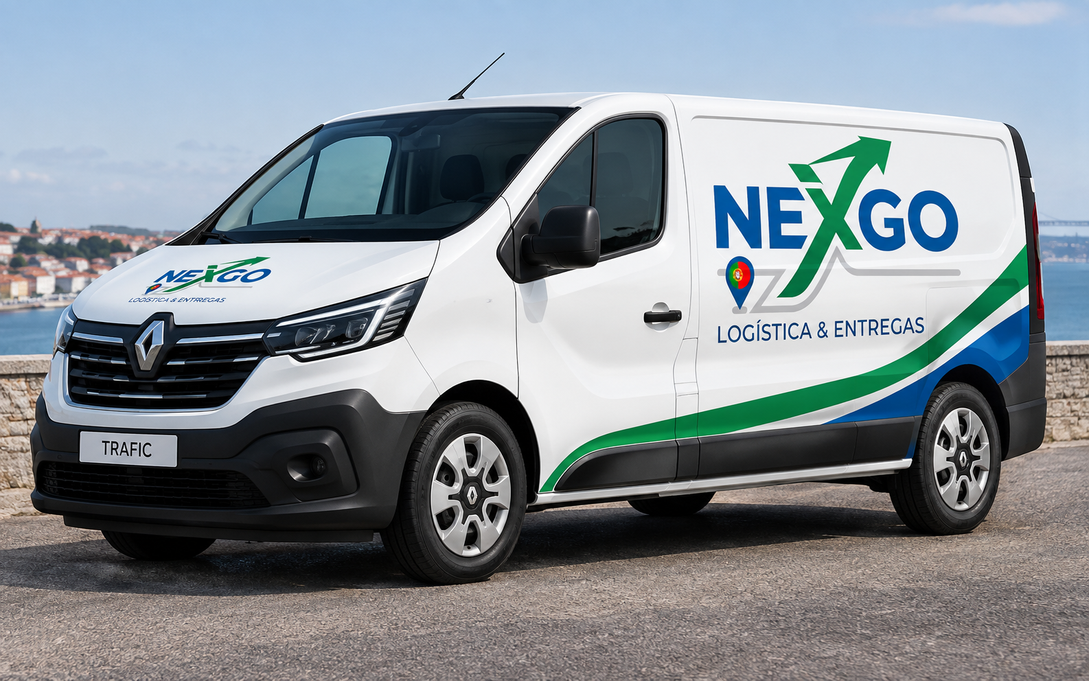 Renault Trafic branca com a identidade TransportesGo Logística e Entregas